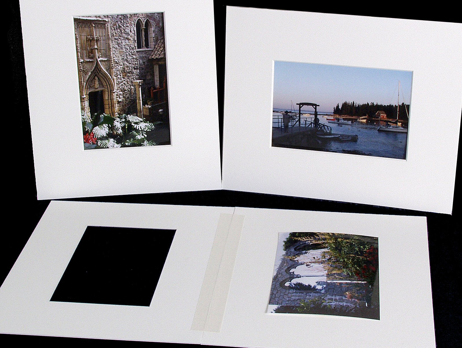 Photographs with pre-cut exhibition mats, 4-ply, acid-free board, offering archival protection with beveled windows and 2-ply backing.